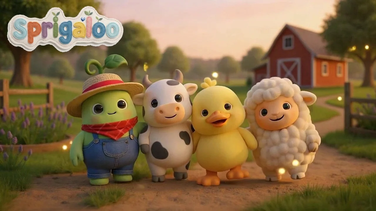 Sprigaloo with Cow, Duck and Sheep on the farm